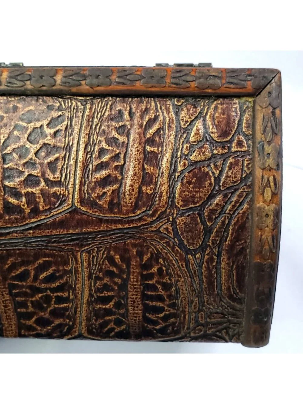 Vintage Wood & Faux Leather Carved Jewelry Treasure Chest Box With Metal Accents